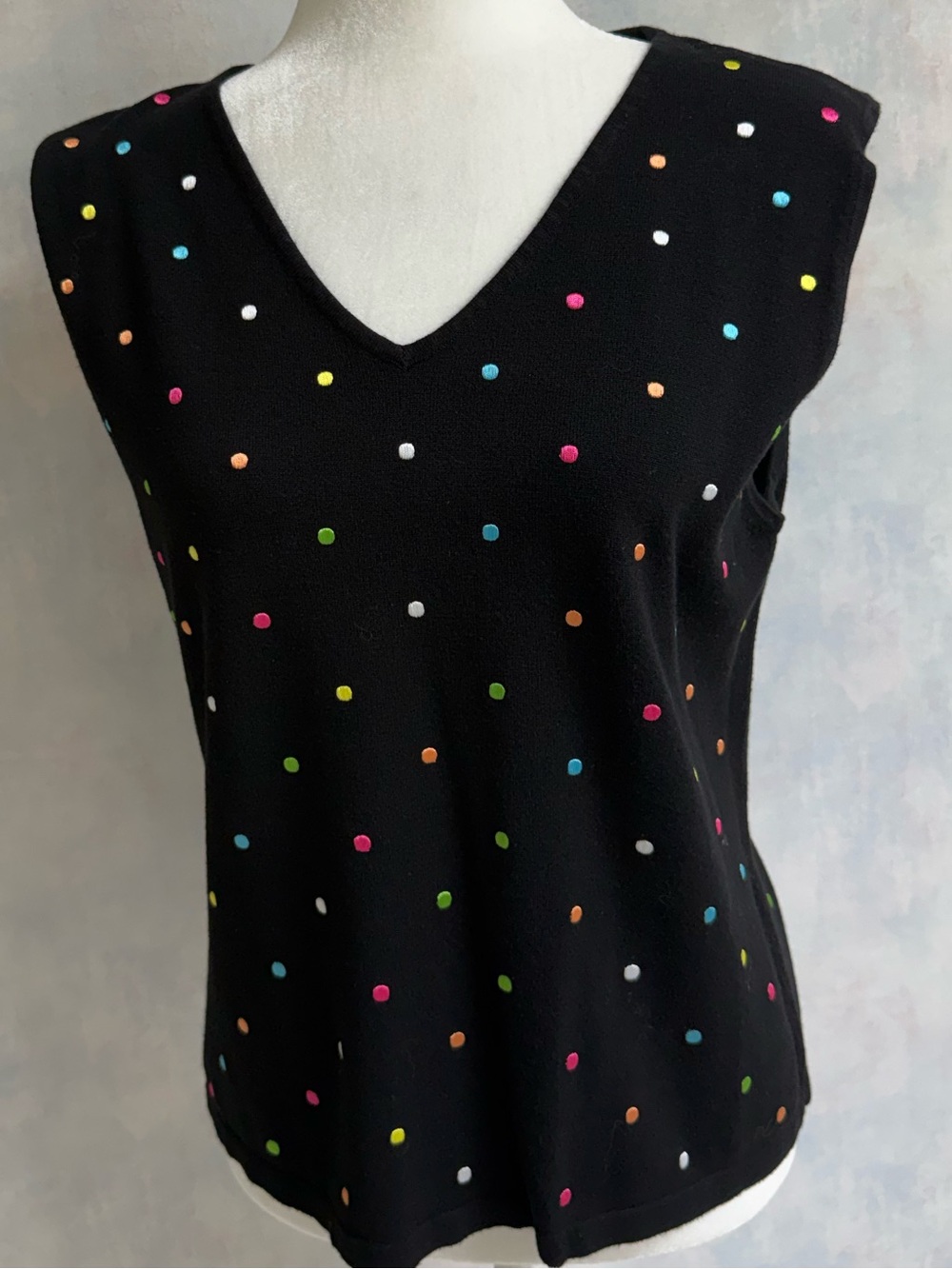 Like New Dress Barn Black Sweater w/Embroidered colorful bright dots all over it